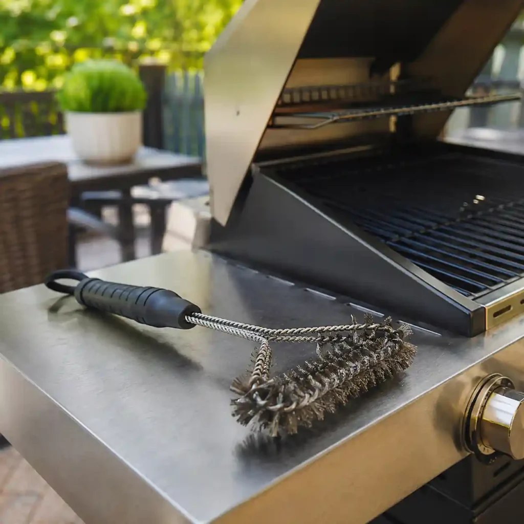 Close-up of a wire grill brush beside an outdoor barbecue grill following the Cuisinart recall over detached metal bristle safety concerns.