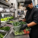 Restaurant worker removing fresh lettuce and herbs as some US restaurants change menus during the 2026 Cyclospora outbreak investigation.