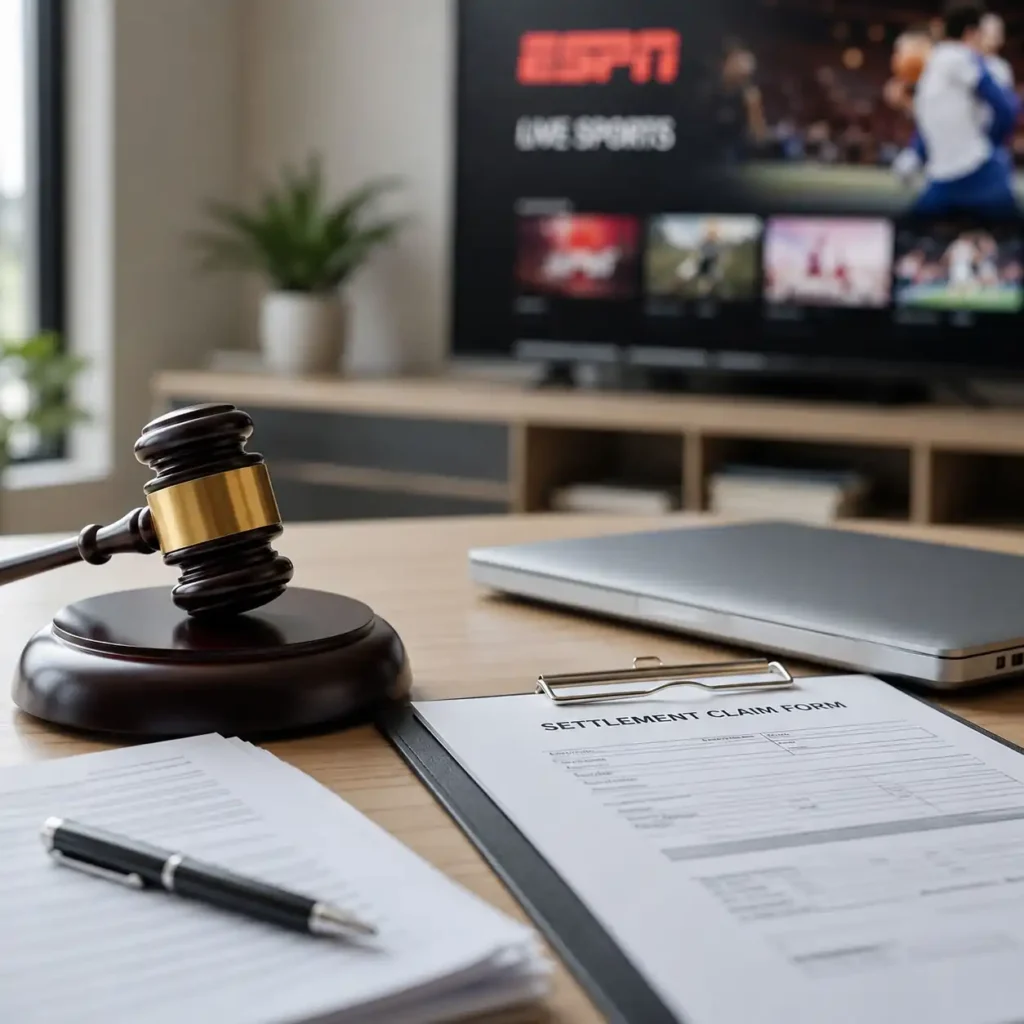 Disney $50 million settlement claim concept with legal documents, streaming television, and gavel representing eligibility and filing deadline for YouTube TV and DirecTV Stream subscribers.