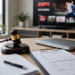 Disney $50 million settlement claim concept with legal documents, streaming television, and gavel representing eligibility and filing deadline for YouTube TV and DirecTV Stream subscribers.