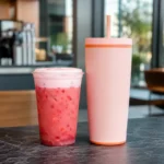 Pink strawberry refresher with cold foam beside a limited-edition Parke-style tumbler on a café counter.