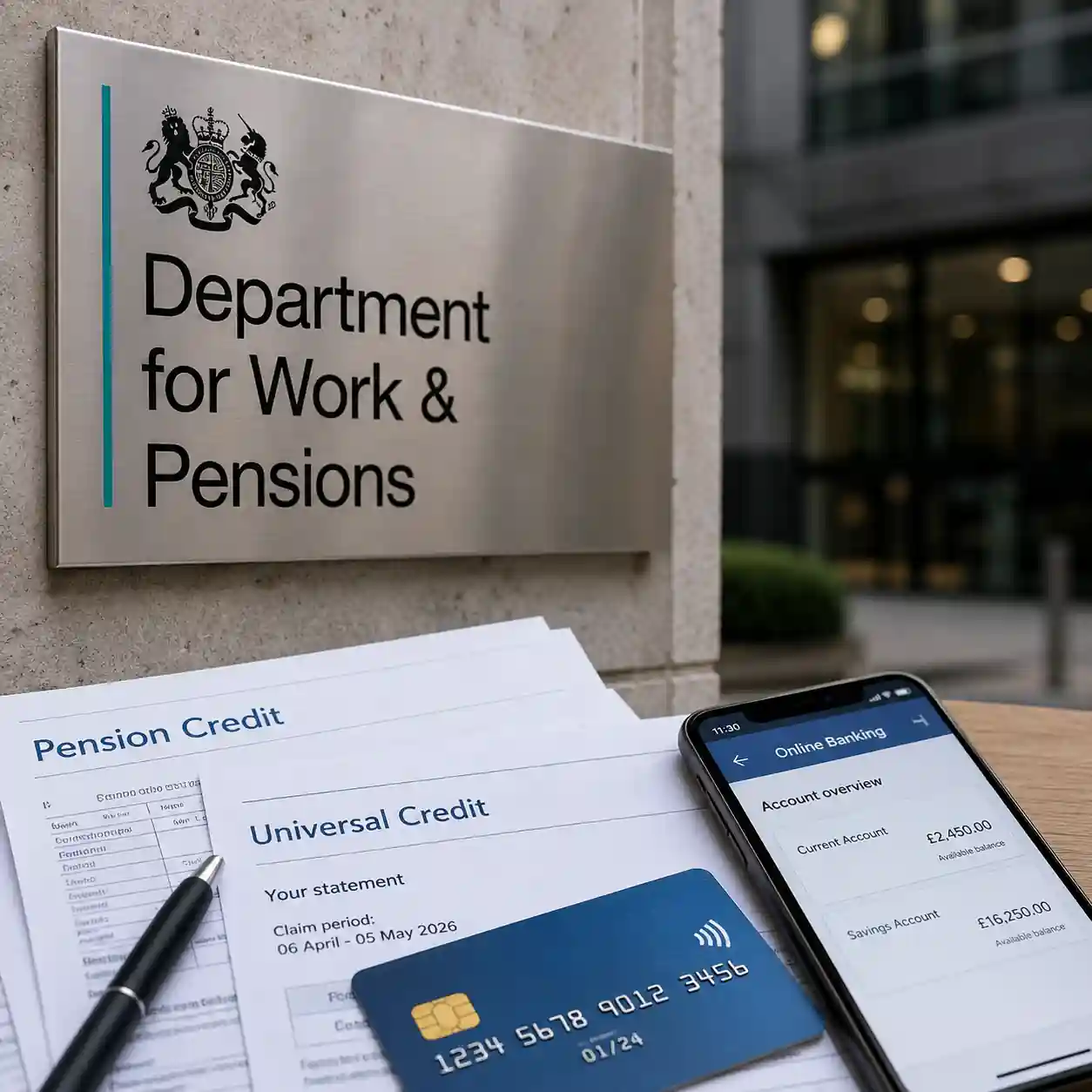 Department for Work and Pensions (DWP) sign with Universal Credit and Pension Credit documents illustrating the UK's new bank monitoring rules for benefit claimants.