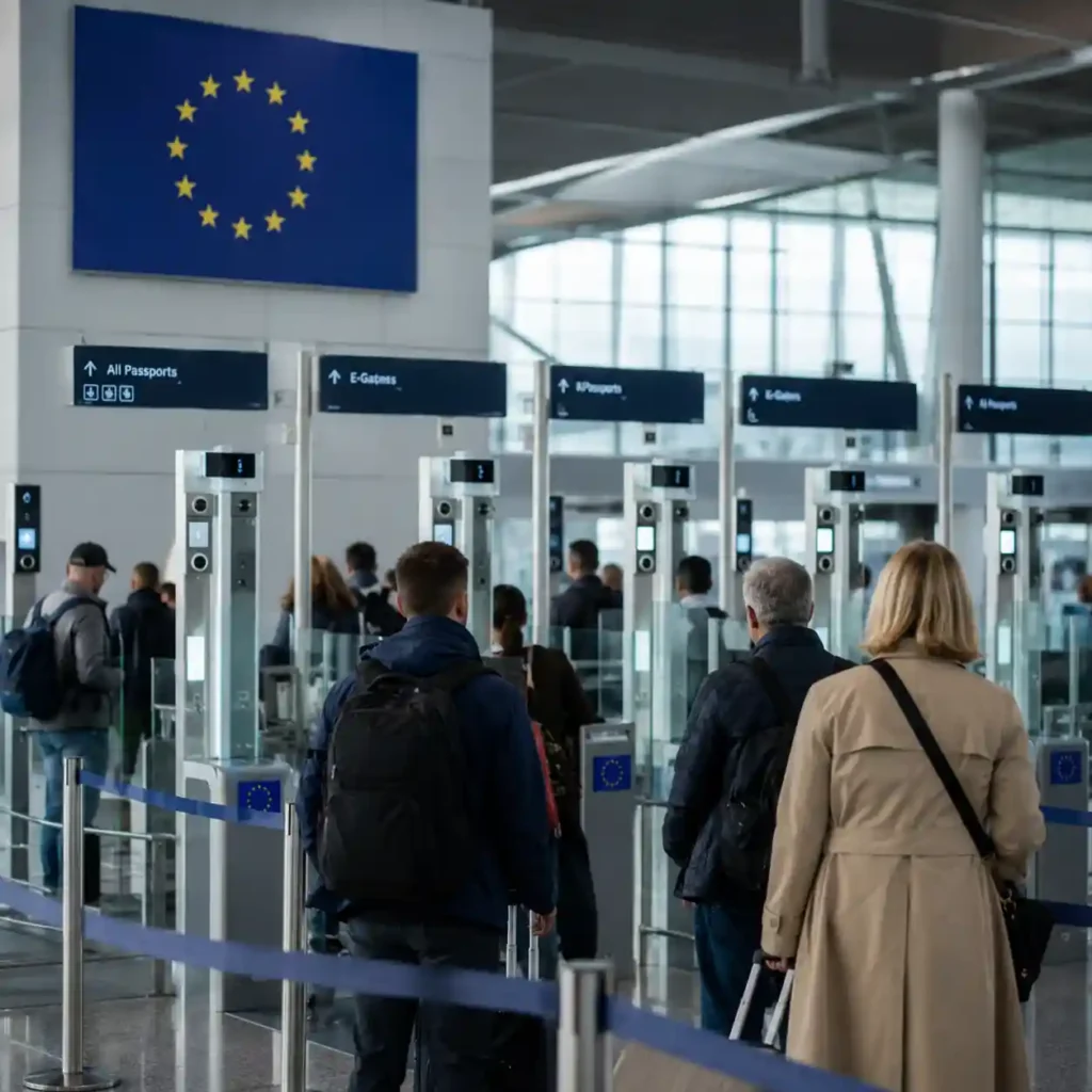 Travellers queue at European airport passport control as the EU considers delaying the ETIAS €20 travel authorisation system
