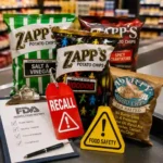 FDA Class I recall of Zapp's and Dirty potato chips over potential salmonella contamination displayed with recalled chip bags and food safety warning in a grocery store.