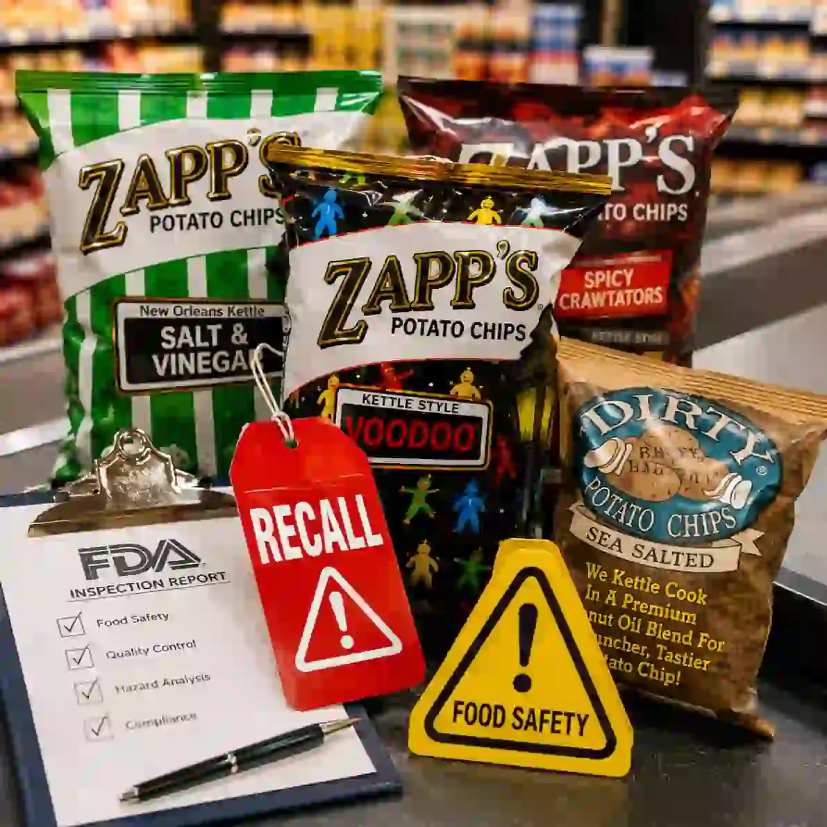 FDA Class I recall of Zapp's and Dirty potato chips over potential salmonella contamination displayed with recalled chip bags and food safety warning in a grocery store.