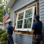 Workers installing an energy-efficient replacement window on a suburban home during Fourth of July home improvement sales in 2026.