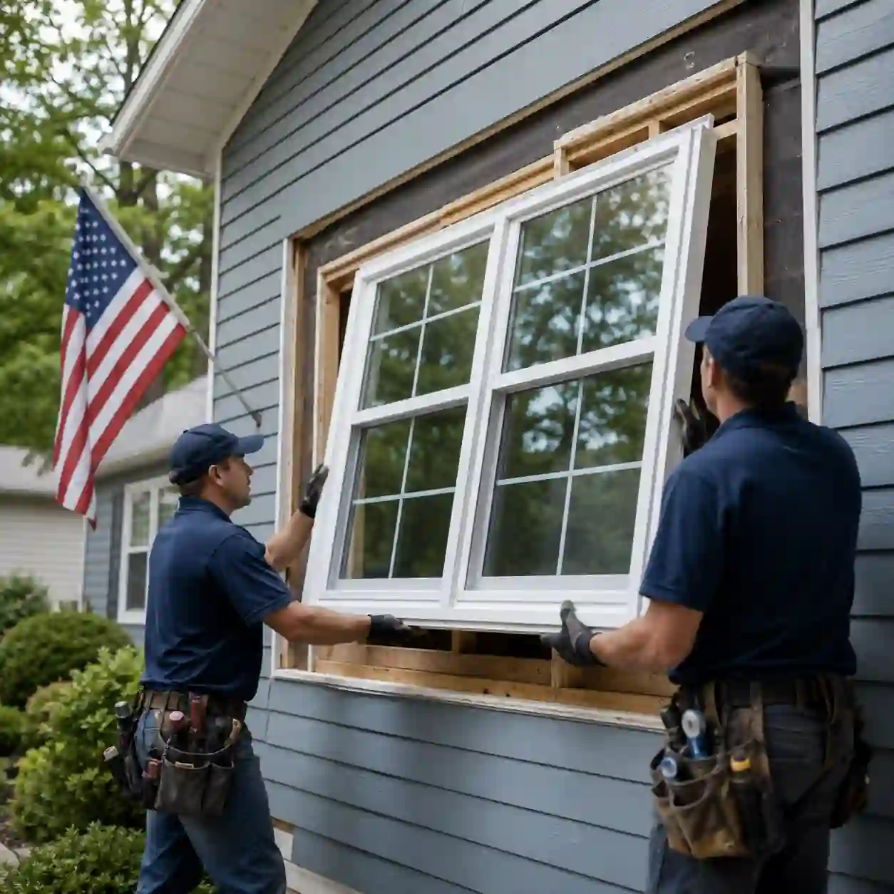 Workers installing an energy-efficient replacement window on a suburban home during Fourth of July home improvement sales in 2026.