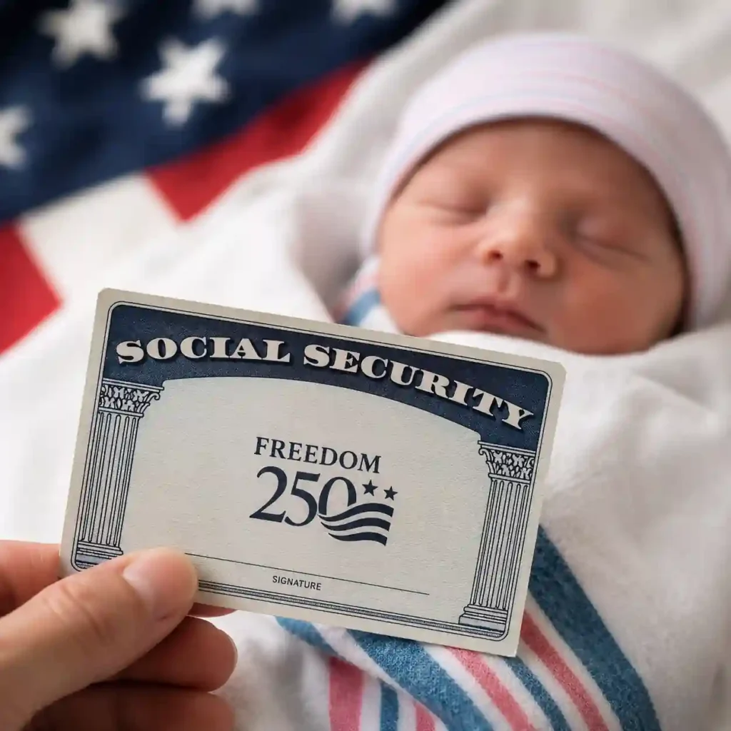 Newborn receiving a commemorative Freedom 250 Social Security card during America's 250th anniversary celebration in 2026.