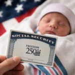 Newborn receiving a commemorative Freedom 250 Social Security card during America's 250th anniversary celebration in 2026.