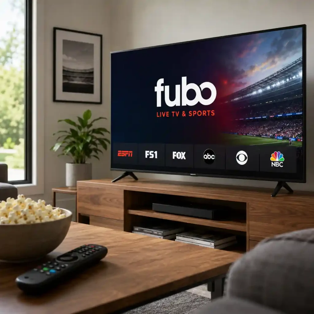Fubo streaming app displayed on a smart TV highlighting the 2026 first-month subscription discount after the latest price increase