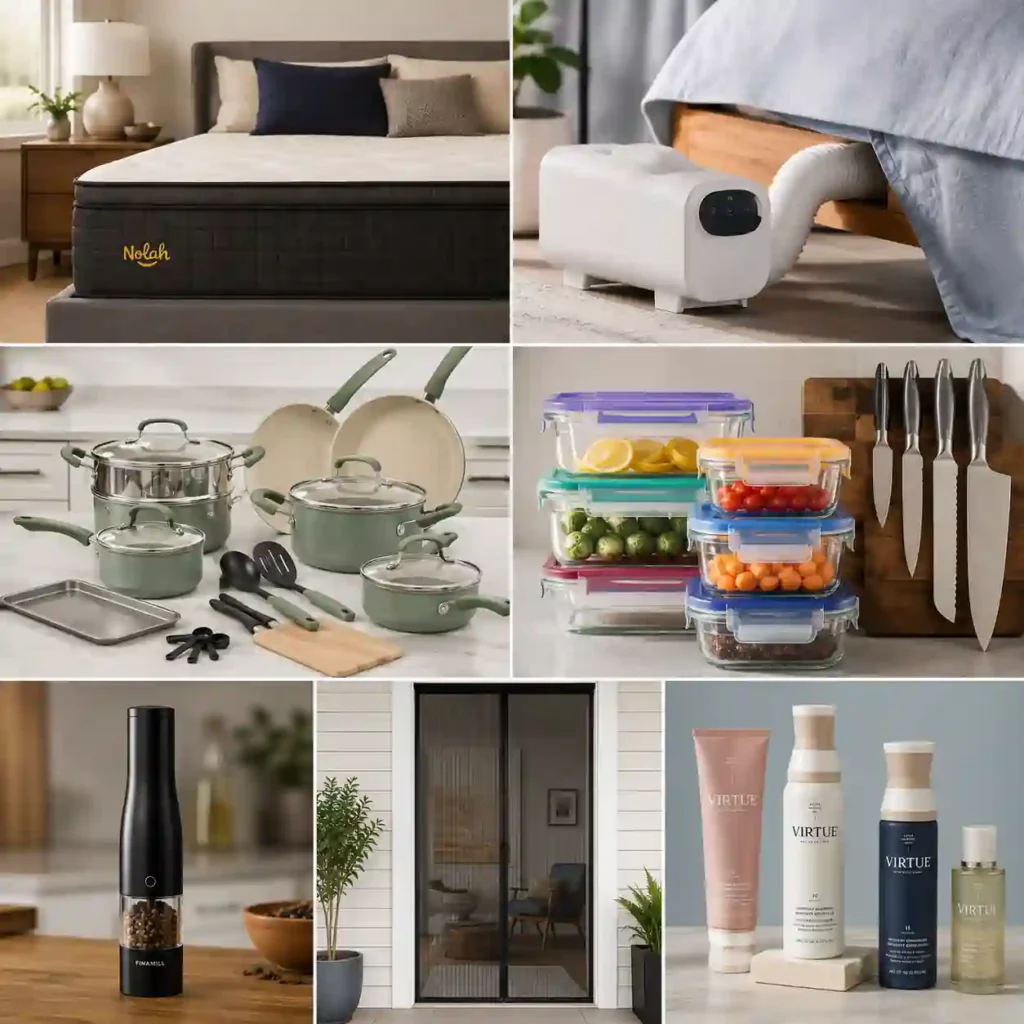 GMA Deals and Steals July 16, 2026 featuring Nolah mattress, BedJet sleep system, GreenLife cookware, Dura Living kitchenware, FinaMill spice grinder, Flux Phenom screen door, and Virtue Labs hair care.