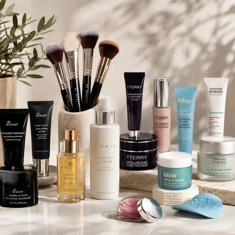 GMA Deals & Steals Summer Skin beauty products including skincare, makeup brushes and cosmetics arranged in a clean editorial flat lay