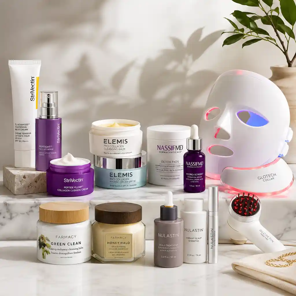 GMA Deals and Steals summer skin products July 2026 featuring premium skincare brands including StriVectin, ELEMIS, Farmacy, NassifMD, LED Esthetics, and NULASTIN arranged in a clean editorial beauty display.