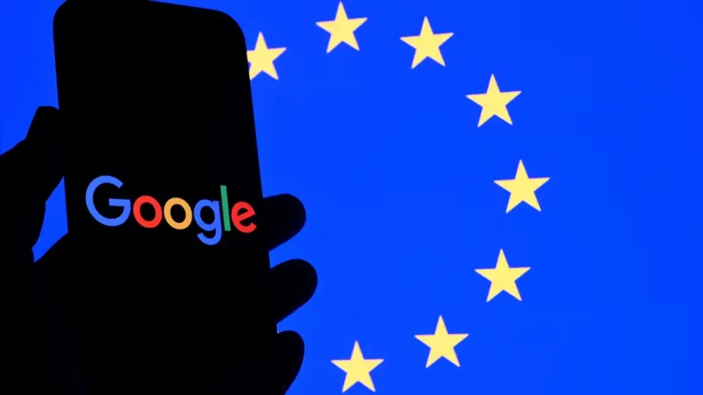 Google logo displayed against European Union stars following the €890 million EU fine.
