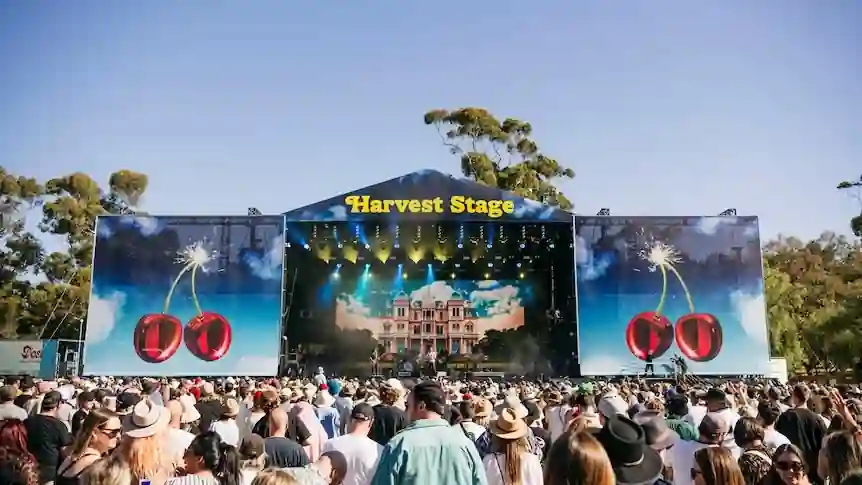 Crowds gather in front of the Harvest Stage at Adelaide's Harvest Rock Festival before organisers confirmed the event will take a one-year break in 2026