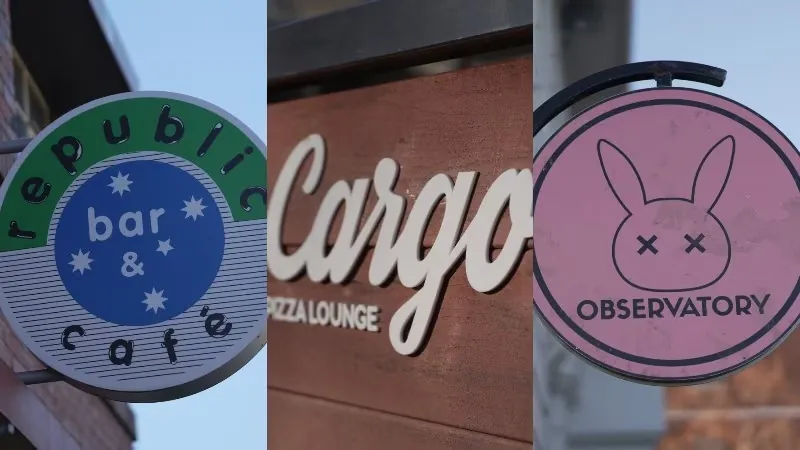 Signs for Republic Bar, Cargo Bar and Observatory Bar after Pub Banc Group entered voluntary administration, leading to the temporary closure of seven iconic Hobart hospitality venues.