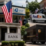 Banks, USPS Post Office, UPS and FedEx services during the July 4, 2026 Independence Day holiday in the United States.