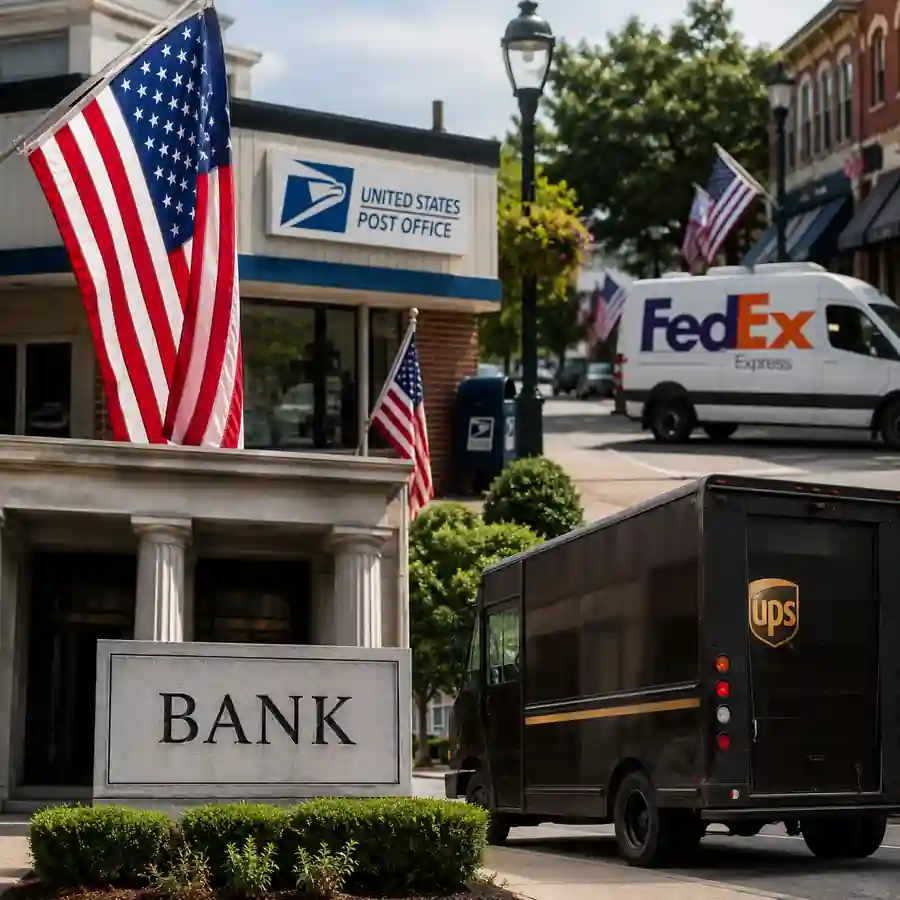 Banks, USPS Post Office, UPS and FedEx services during the July 4, 2026 Independence Day holiday in the United States.