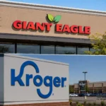Kroger and Giant Eagle storefronts illustrating Kroger's planned $1.65 billion acquisition of the regional grocery chain