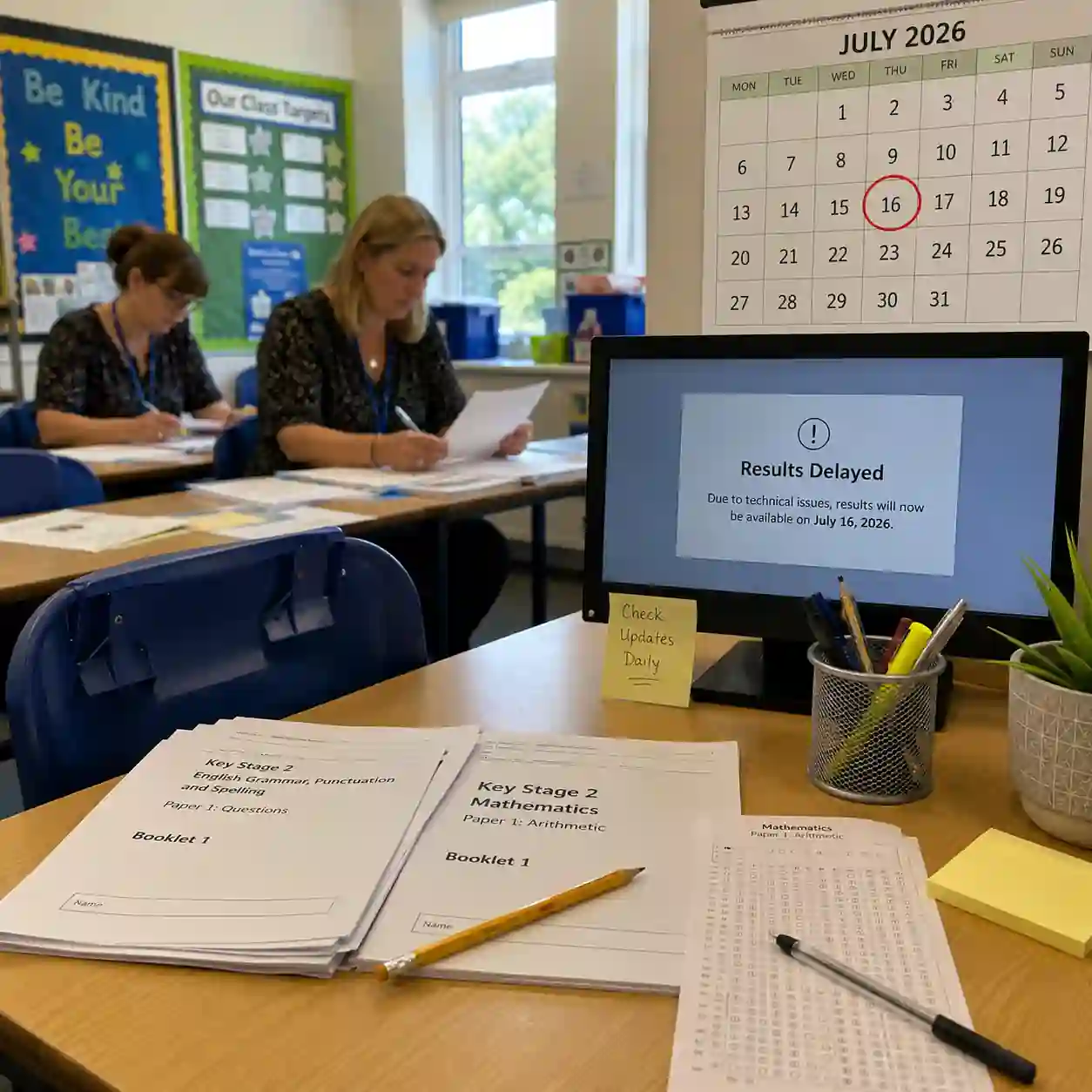 England KS2 SATs results delayed after Pearson technical issues, showing Year 6 test papers, teachers reviewing assessments and a July 16 results date in a primary school classroom.