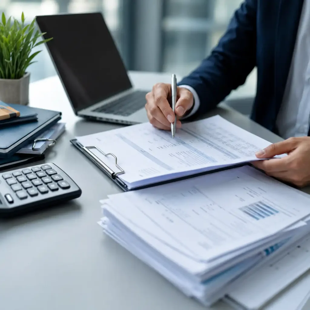 Professional reviewing tax documents at an office desk with calculator and laptop, representing tax relief consultation and IRS tax resolution services
