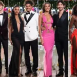 Love Island USA Season 8 finalists Trinity Tatum and Bryce Dettloff, Aniya Harvey and Carl Schmidt, Melanie Moreno and Sincere Rhea, and Kayda Bosse and Zach Georgiou pose together before the Peacock finale in Fiji.