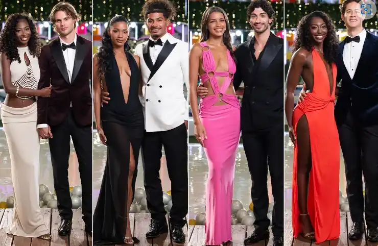 Love Island USA Season 8 finalists Trinity Tatum and Bryce Dettloff, Aniya Harvey and Carl Schmidt, Melanie Moreno and Sincere Rhea, and Kayda Bosse and Zach Georgiou pose together before the Peacock finale in Fiji.