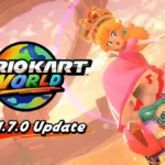 Mario Kart World version 1.7.0 update artwork featuring Princess Peach racing on Nintendo Switch 2 with new Knockout Tour routes and gameplay changes.