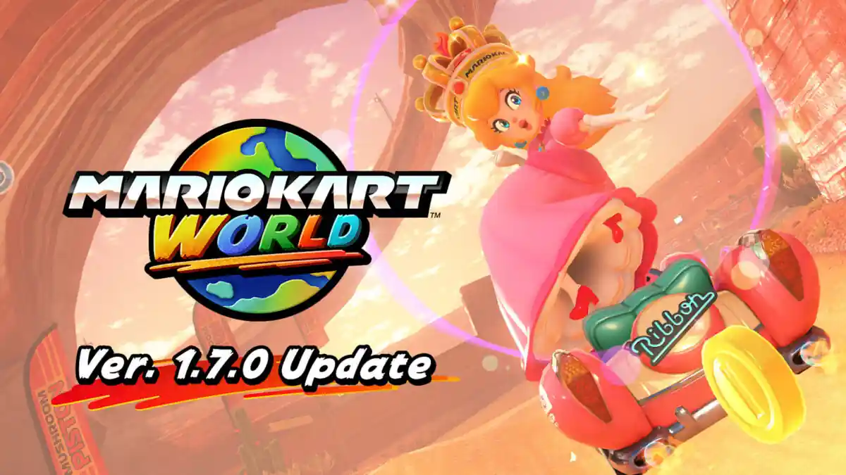 Mario Kart World version 1.7.0 update artwork featuring Princess Peach racing on Nintendo Switch 2 with new Knockout Tour routes and gameplay changes.