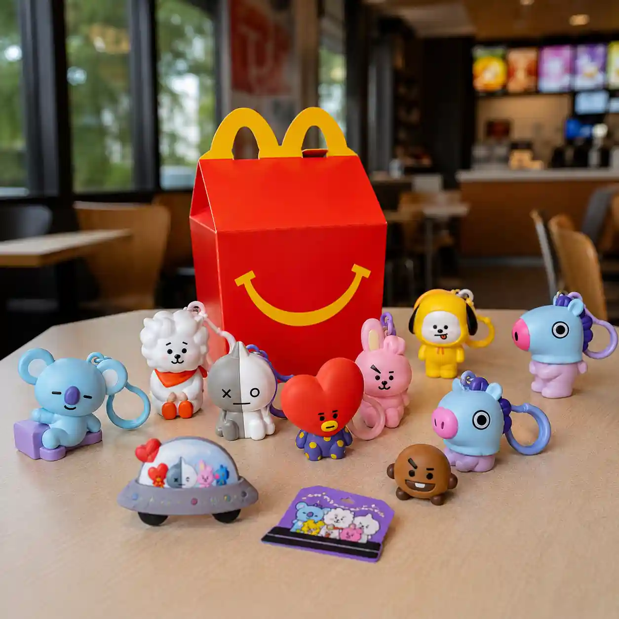 McDonald's BT21 Happy Meal box surrounded by 10 BT21 collectible toys during the limited-time U.S. launch