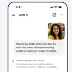 Meta AI chatbot interface demonstrating an Instagram AI image generation feature that creates hairstyle variations from a user's selfie using AI prompts before the feature was discontinued over privacy concerns.