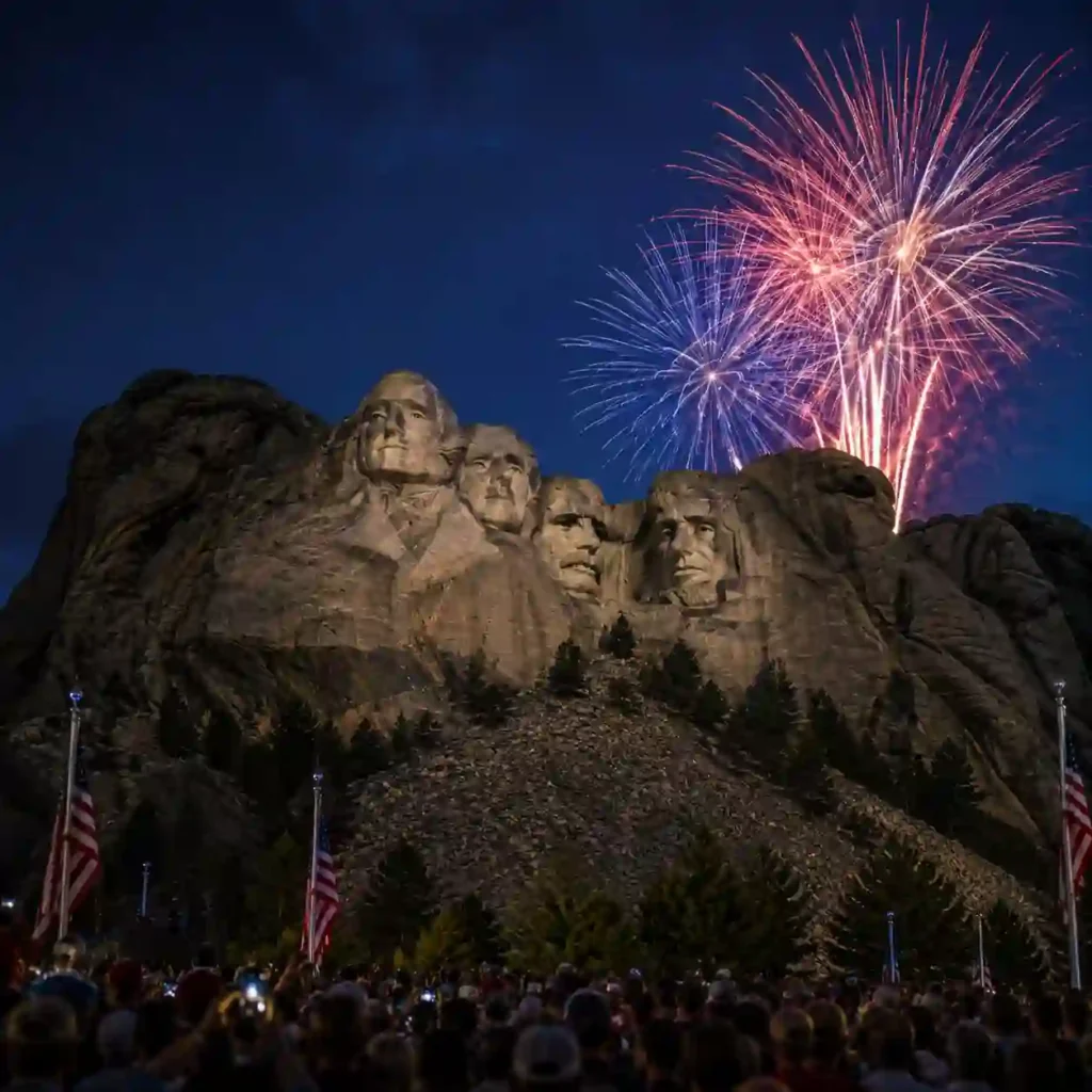 Mount Rushmore illuminated during the America 250 celebration with fireworks lighting the night sky as crowds gather for President Trump's July 3, 2026 event.
