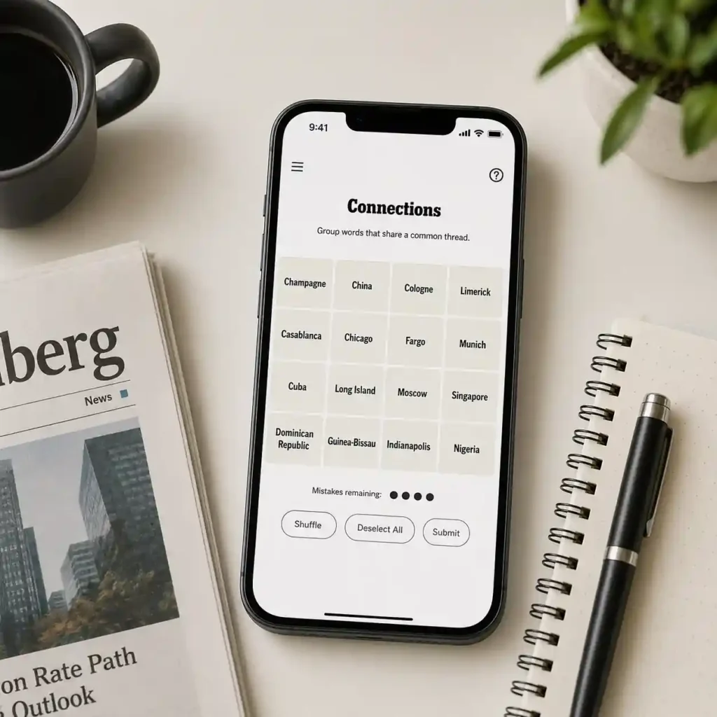 Smartphone displaying a Connections-style word puzzle on a clean white desk with a notebook, coffee cup, and plant in a minimalist editorial flat-lay, illustrating NYT Connections hints and answers for July 1, 2026
