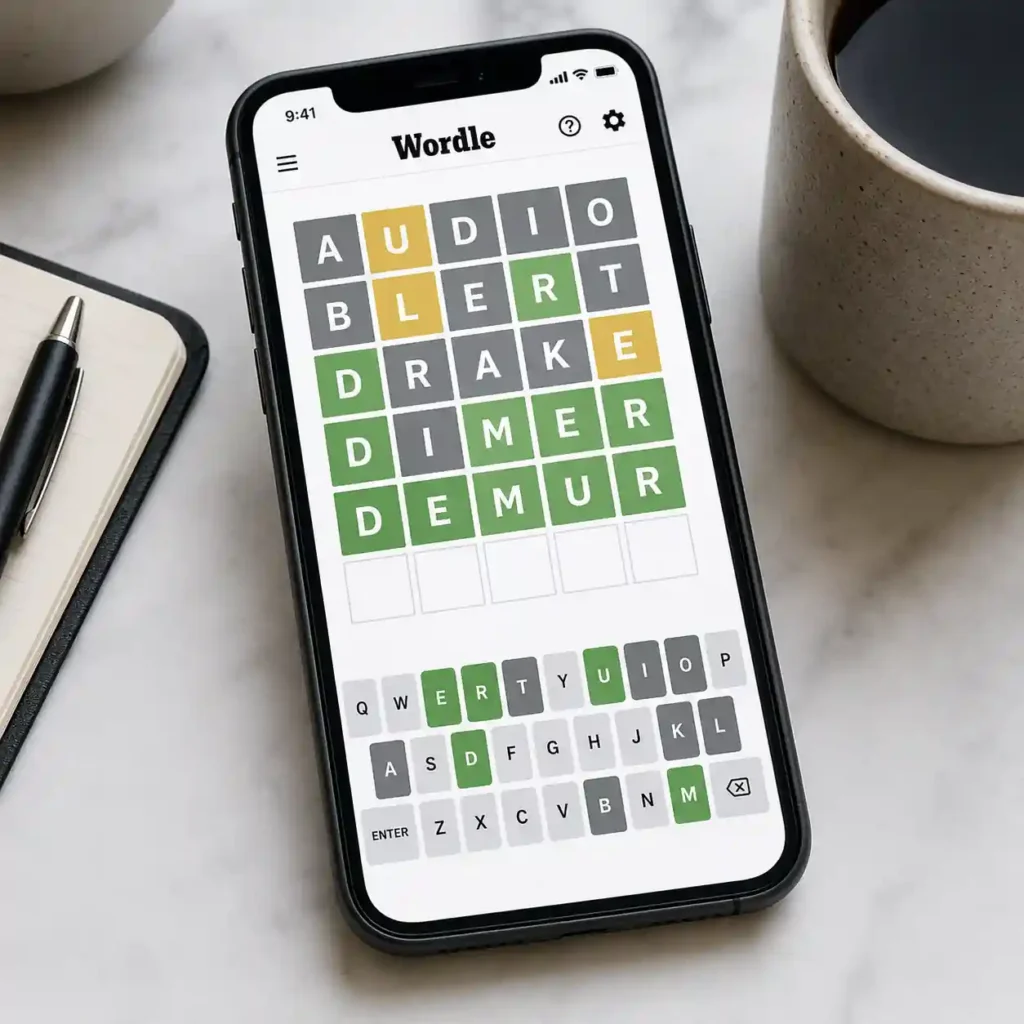 Smartphone displaying the NYT Wordle puzzle with the answer "DEMUR" on a clean desk beside a notebook and coffee mug, representing Wordle #1838 for July 1, 2026.