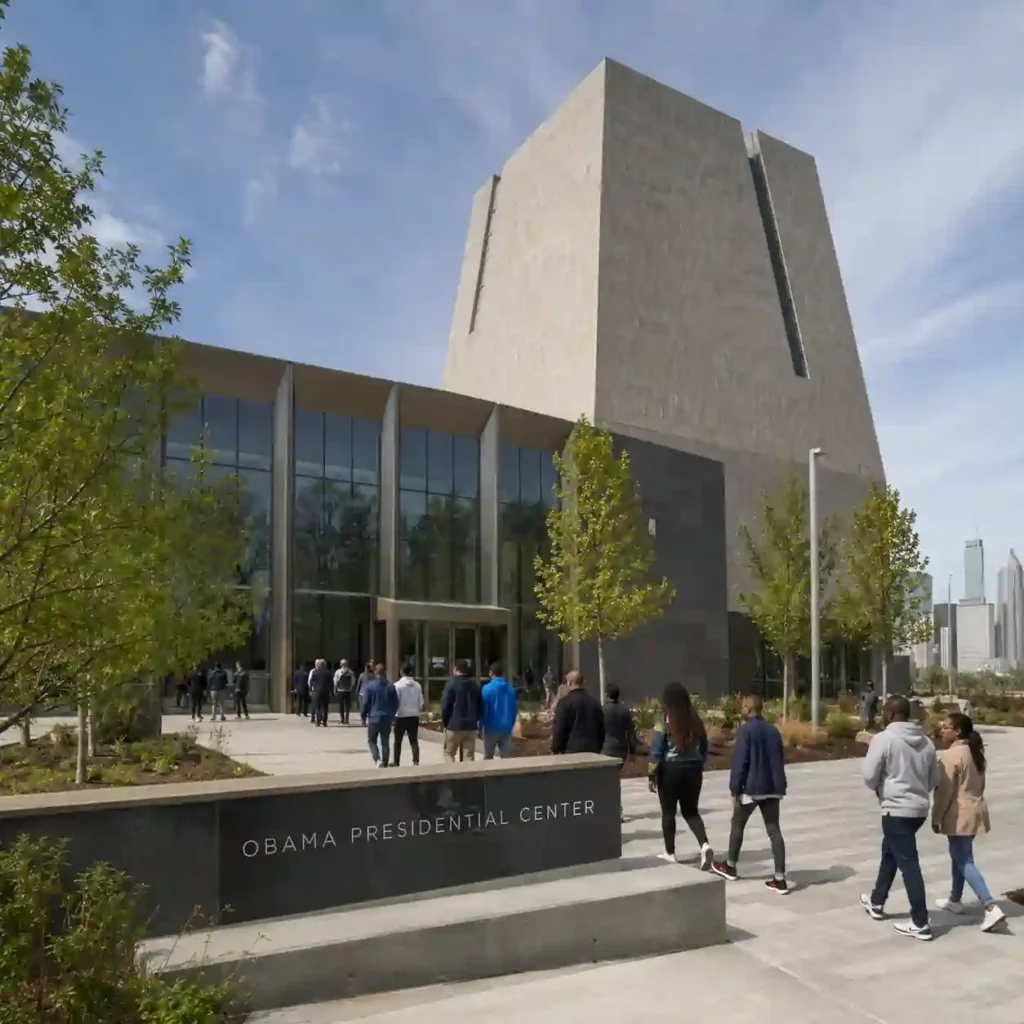 Visitors arrive at the Obama Presidential Center museum in Chicago as new timed-entry tickets go on sale after the initial allocation sold out
