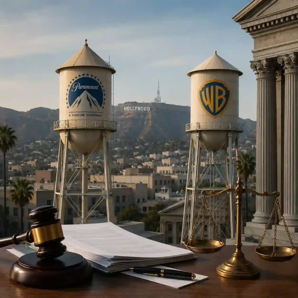 Paramount and Warner Bros. studio water towers with courthouse symbols illustrating the antitrust lawsuit challenging the proposed merger and its impact on HBO Max, Paramount+ and Hollywood.