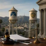Paramount and Warner Bros. studio water towers with courthouse symbols illustrating the antitrust lawsuit challenging the proposed merger and its impact on HBO Max, Paramount+ and Hollywood.