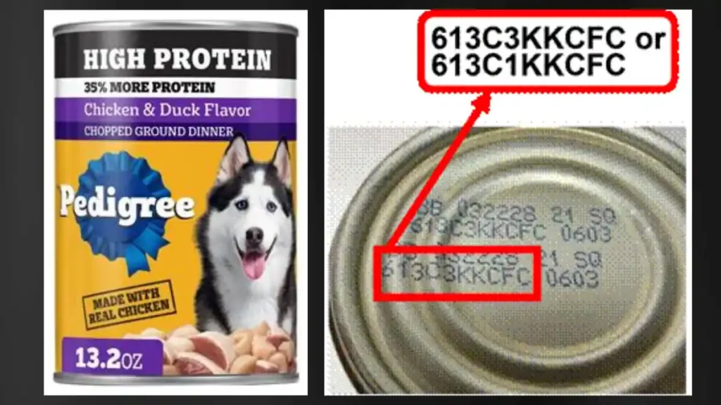 Pedigree High Protein Chopped Chicken & Duck wet dog food recall showing the affected 13.2 oz can and recalled lot codes 613C3KKCFC and 613C1KKCFC.