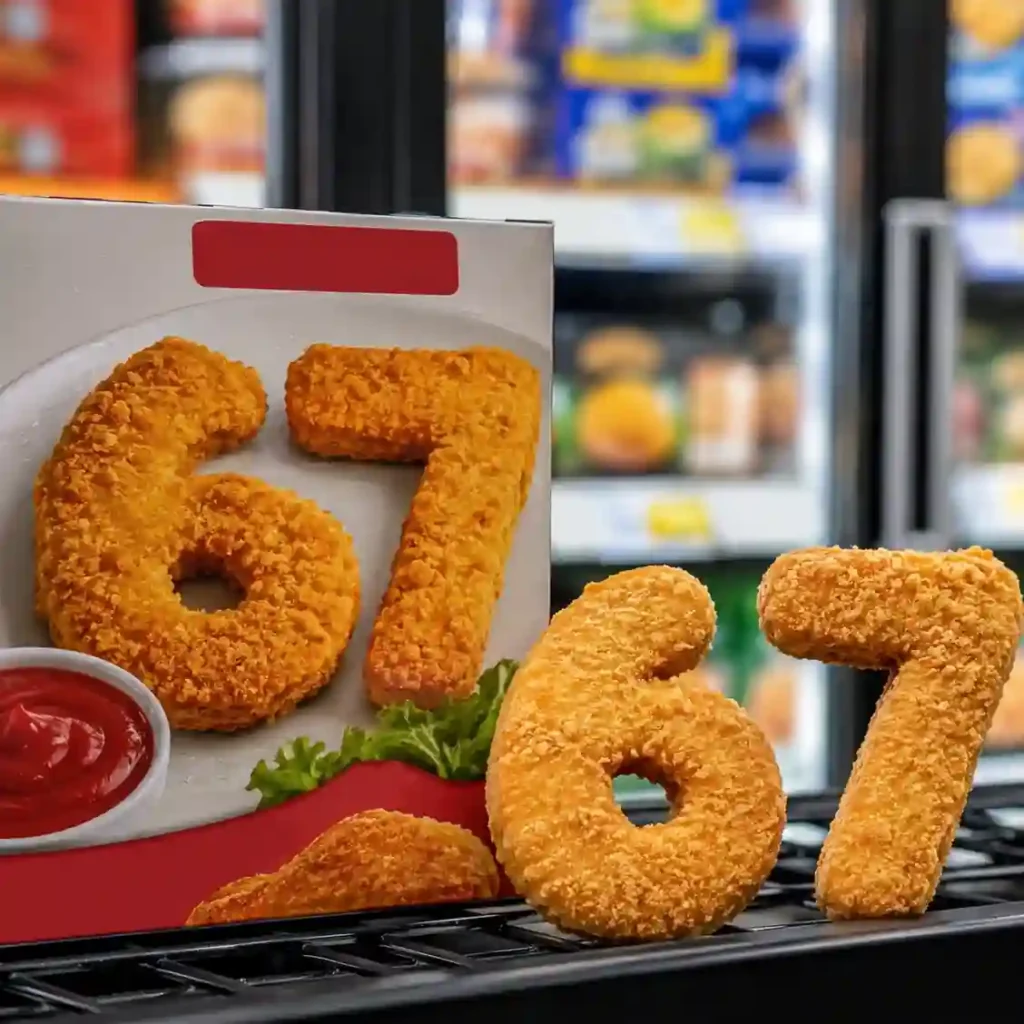 Illustration of number-shaped 6 and 7 chicken nuggets displayed in front of frozen food packaging, representing the trademark dispute between Perdue Foods and John Soules Foods