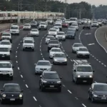 Heavy traffic travelling on Perth’s Kwinana Freeway, where 96,544 speeding offences were detected in 2025–26.