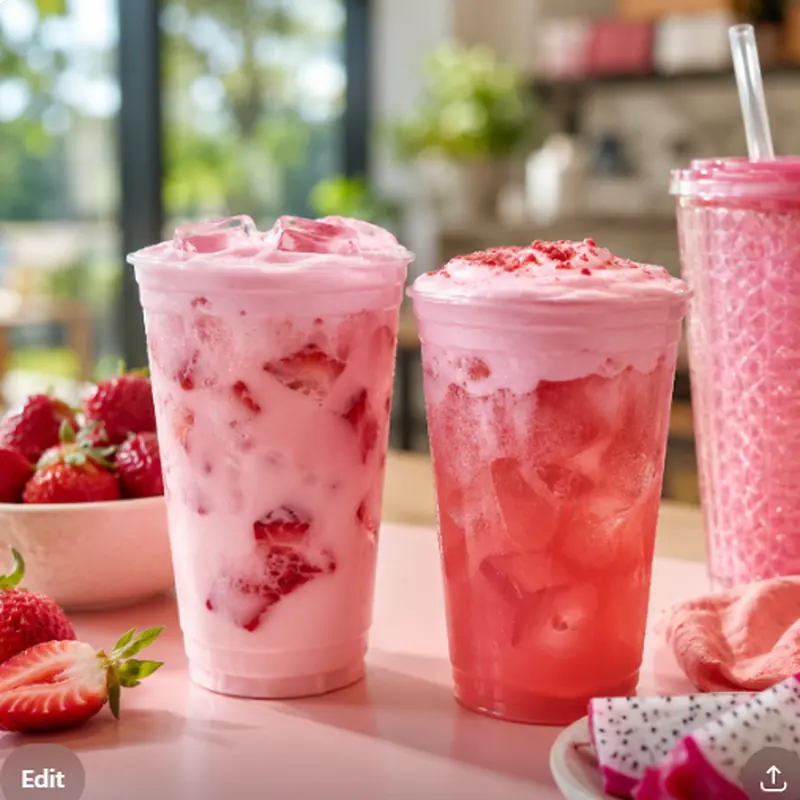 Two refreshing pink summer drinks with strawberries and pink cold foam representing the 2026 beverage comeback.