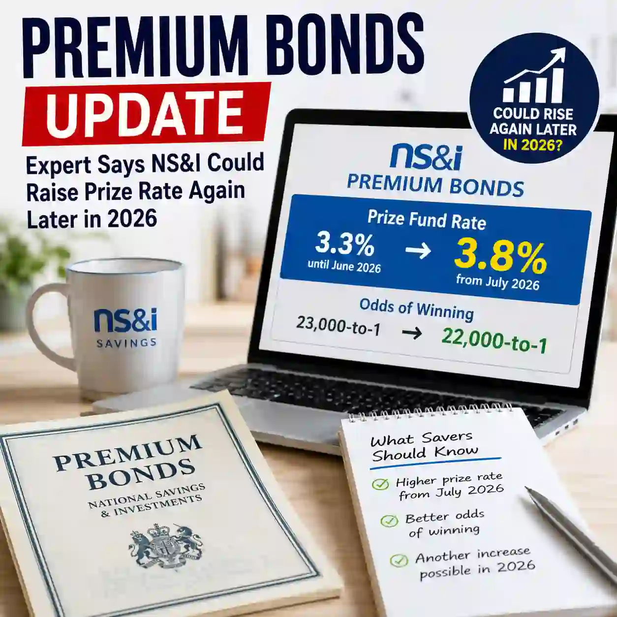 Premium Bonds update showing NS&I prize fund rate increase to 3.8% from July 2026 with improved winning odds and expert outlook on a possible future rate rise
