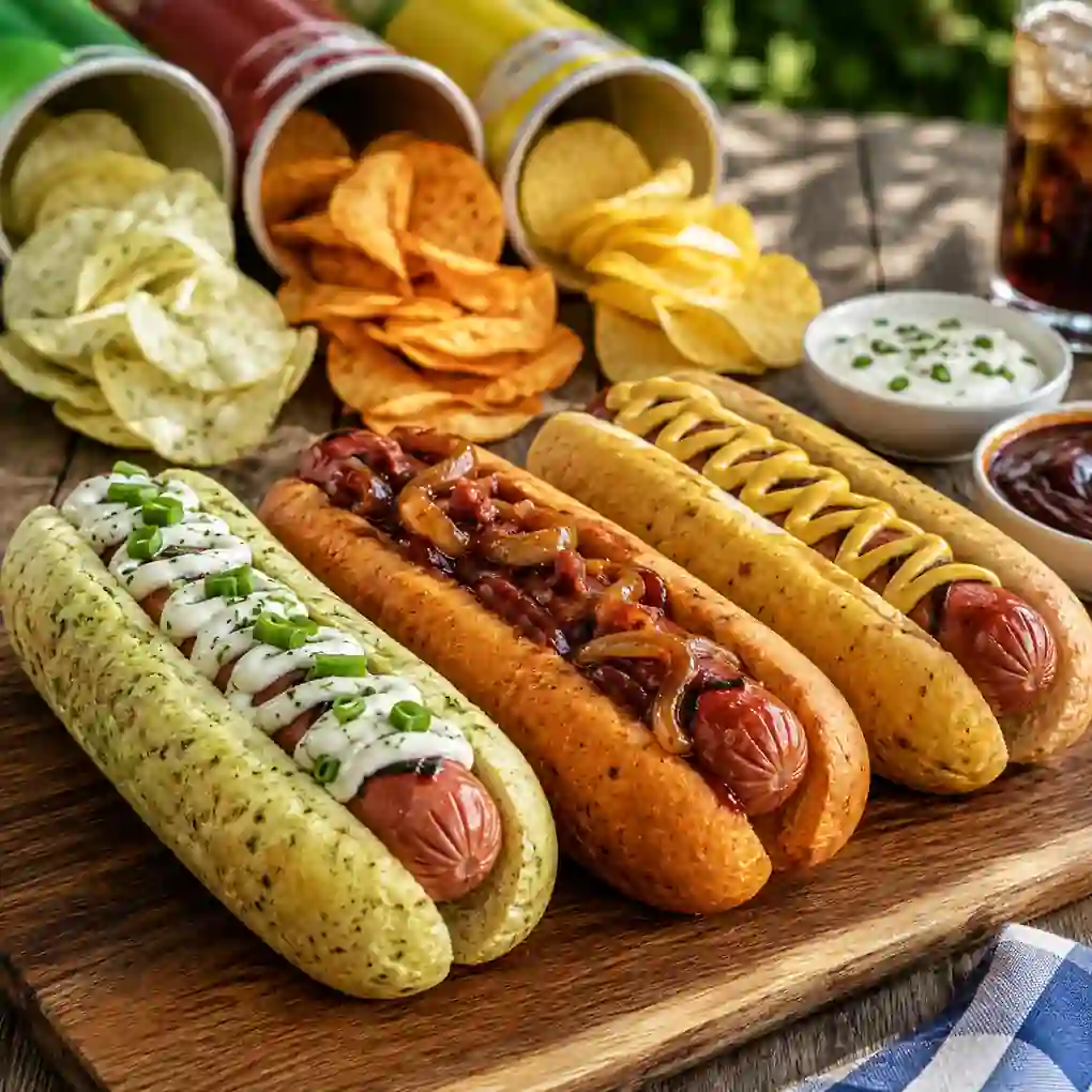 Three grilled hot dogs served in potato-based buns inspired by Sour Cream & Onion, BBQ and Honey Mustard flavors with potato chips on a summer picnic table.