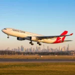 Qantas aircraft taking off during the 2026 international flight sale