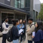 International students gather outside a Montreal college following Quebec private college permit suspensions.