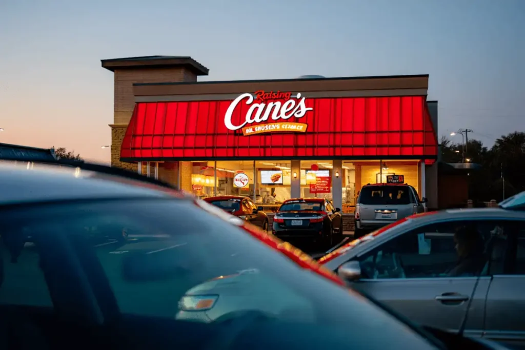 Raising Cane's restaurant exterior at dusk with cars parked outside as the chain expands with five new restaurant openings in July 2026.