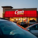 Raising Cane's restaurant exterior at dusk with cars parked outside as the chain expands with five new restaurant openings in July 2026.