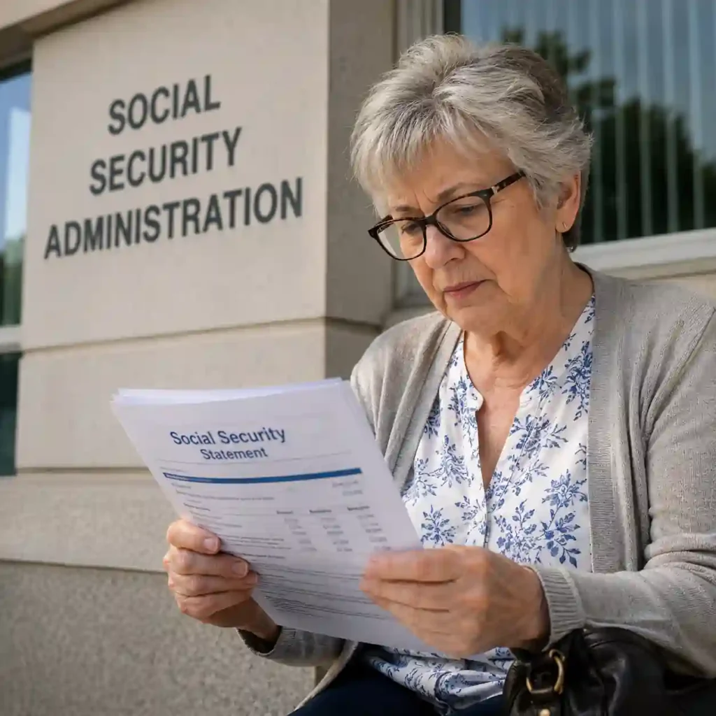 Senior woman reviewing a Social Security statement outside a Social Security Administration office as the projected 2027 COLA increase is discussed.