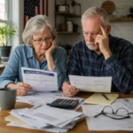 An elderly American couple reviewing Social Security paperwork and household bills at their kitchen table while planning retirement finances.