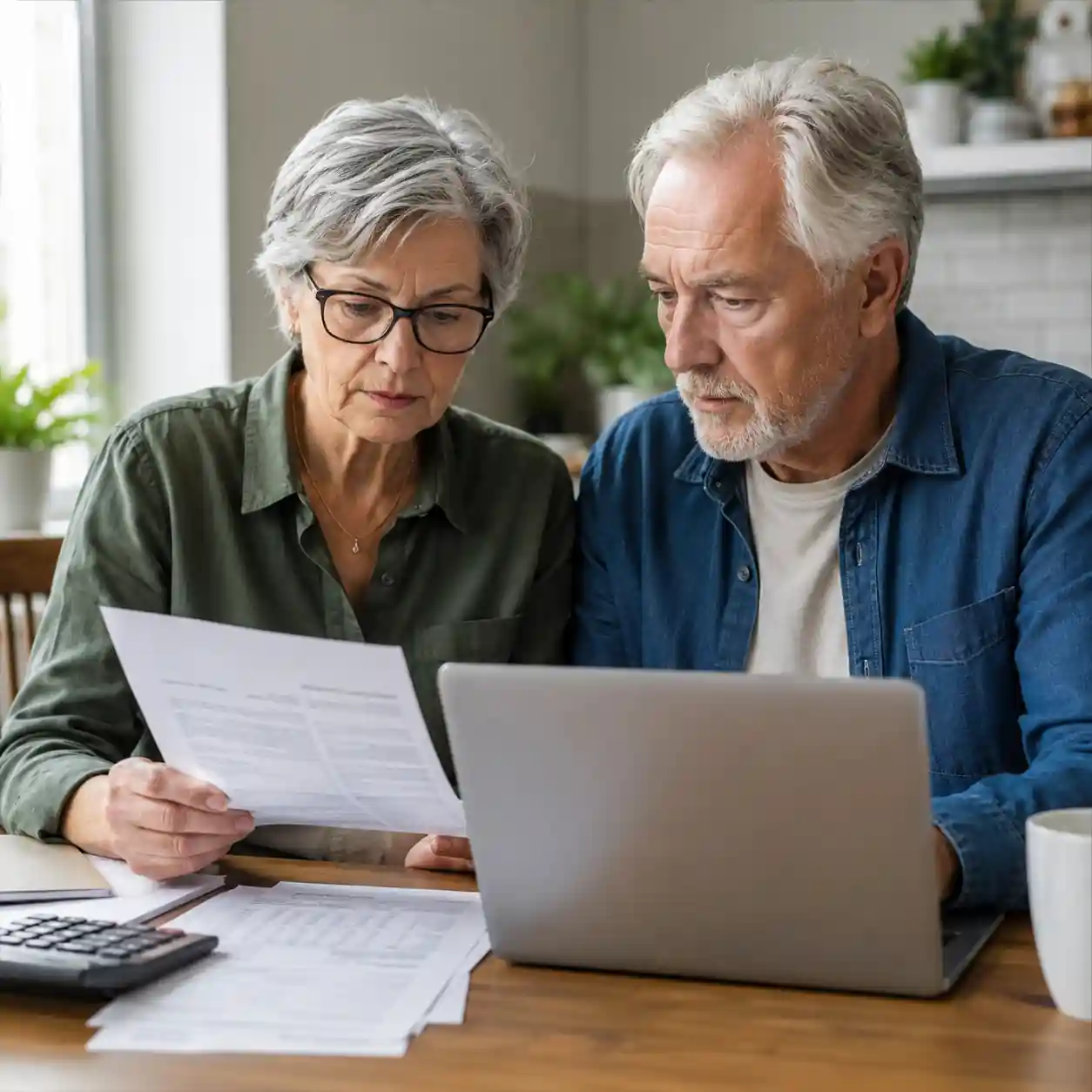 Older couple reviewing Social Security payment documents and checking their July 8, 2026 benefit schedule on a laptop at home